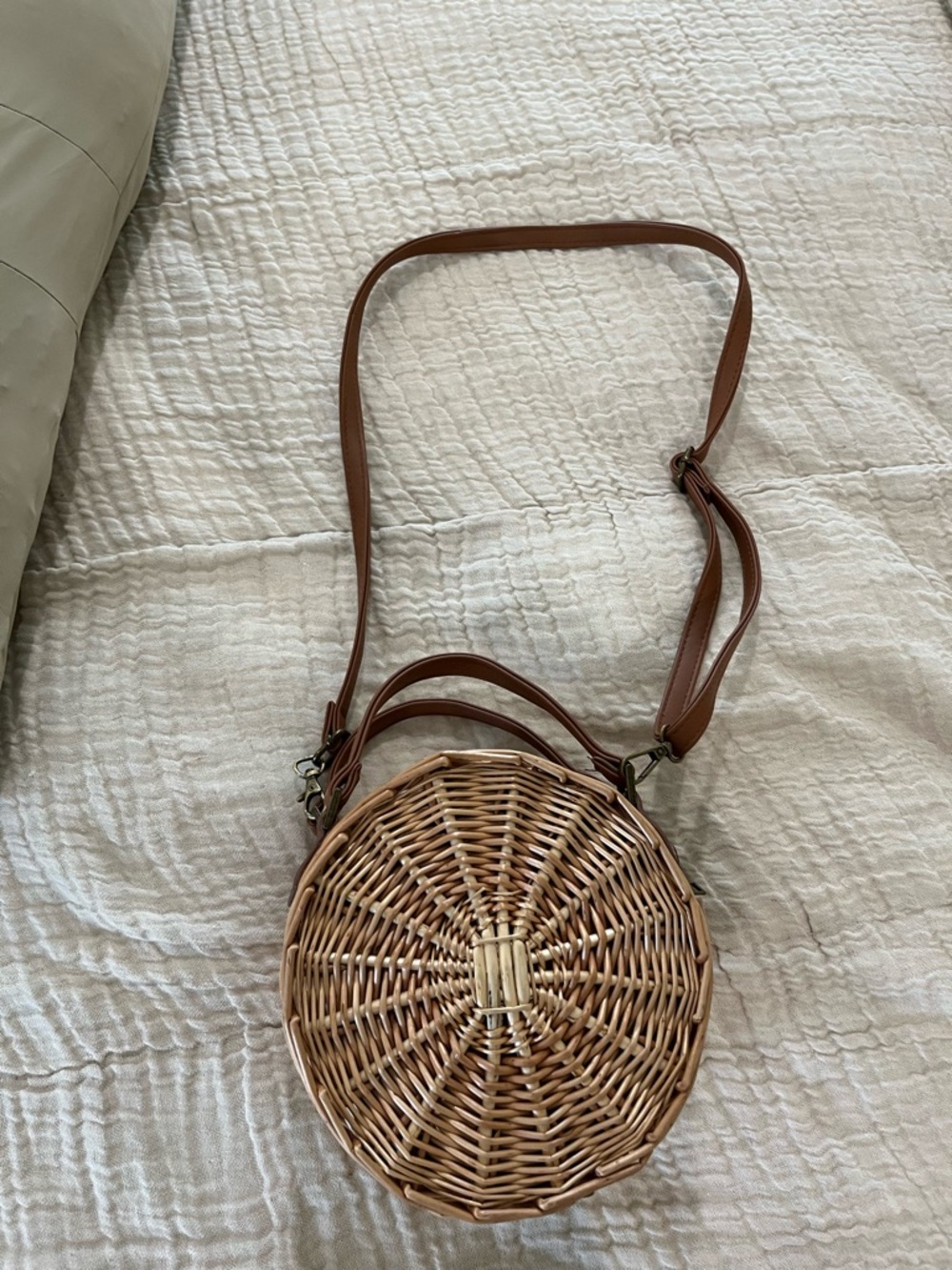 Round Woven Crossbody Bag in Brown with Adjustable Strap